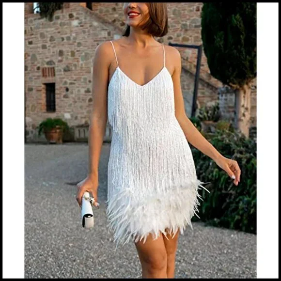 Sequin Flapper Dress Sleeveless Feather Fringe Glitter Sparkly Mini Party - Picture 3 of 5